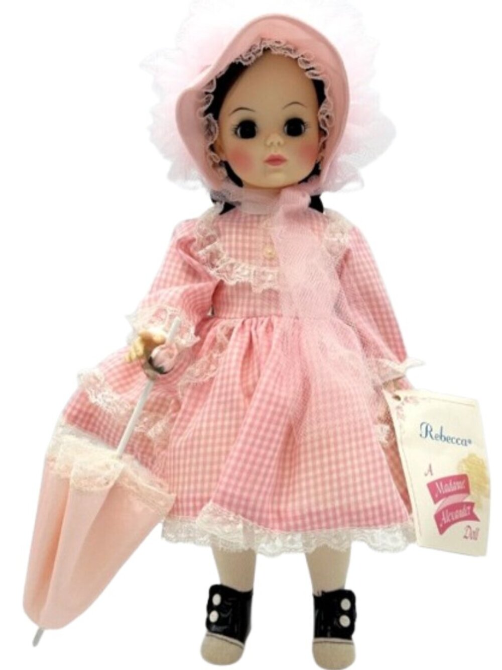 Vintage MADAME ALEXANDER Rebecca 1585 Porcelain Doll Collectible 14" Pink Check